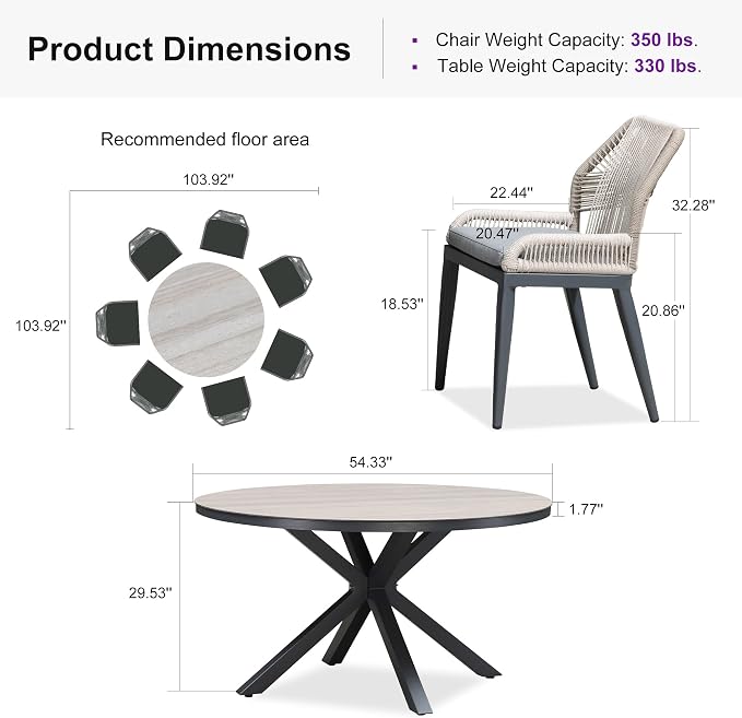 PURPLE LEAF 7 Pieces Round Dining Set Patio Aluminum Modern Round Table and Wicker Chairs with Cushions for Kitchen Backyard Garden Outdoor Furniture Sets, Beige and Dark Grey - Image 8