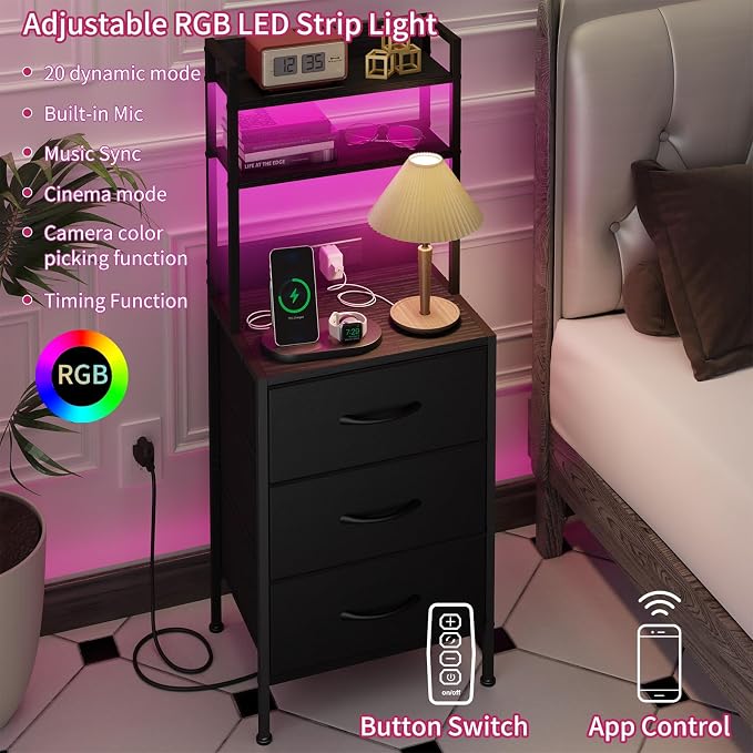 Fixwal 41 Inch Tall Nightstand with Charging Station, 3 Fabric Storage Drawers and Shelves, Led Night Stand with U-S-B Port & Socket, Bedroom Dorm Office, Bedside Table & Bookshelf in One, Black - Image 4