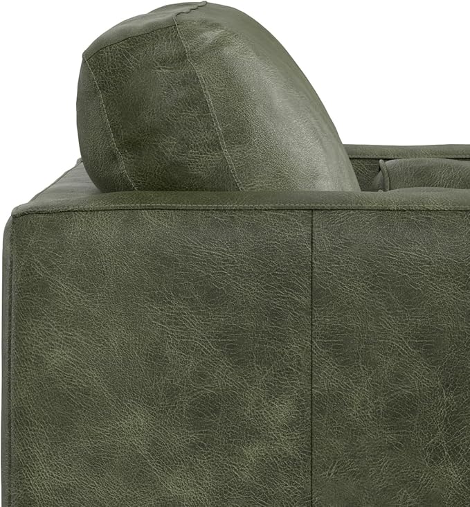 SIMPLIHOME Morrison Arm Chair - 42 inch Wide Upholstered Genuine Leather Mid-Century Modern Accent Chair in Moss Green with Solid Wood Legs, Reversible Bolster Pillows and Reclined Back
