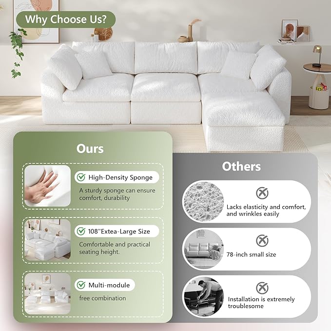 108" Modular Sectional Sofa Boneless Cloud Couch for Living Room, L Shape Deep Seat Recliner Sofa with Ottoman, Adjustable Backrest & 2 Throw Pillows - Covers Washable, (White, 3 Seater+1 Ottoman)