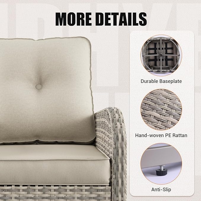 11-Piece Outdoor Patio Furniture Set with Rocking Swivel Chair, Wicker Rattan Sectional Sofa Conversation Set with 55,000 BTU Fire Pit Table, Backyard Furniture, White