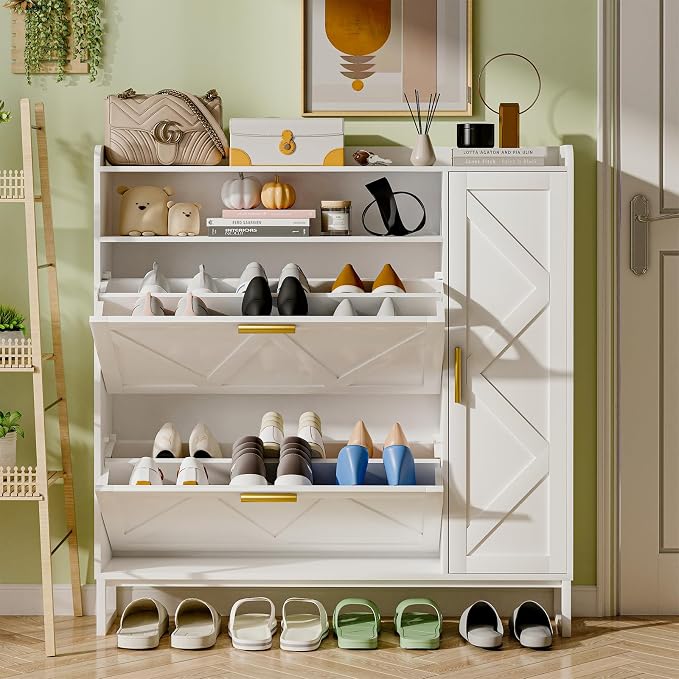 White Shoe Cabinet with 2 Flip Drawers Door, 43"W Hidden Shoe Organizer Cabinet Storage for Entryway, Closet, Boot, Adjustable Shelves, Narrow Shoe Rack Freestanding Cupboard, At Least 20 Pair - Image 8