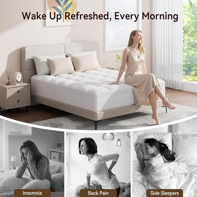 ABENE Full XL Size Mattress Topper for Back Pain Relief, Extra Thick Mattress Pad Pillowtop, Soft Plush Mattress Cover Bed Topper with Deep Pocket, Overfilled Down Alternative Filling, White
