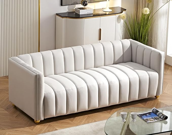 Direct Glam Fabric Upholstered Solid Wood Frame 82.7" Art Deco Sofa for Living Room, Office, Sophisticated 3 Seater Couch, Ivory