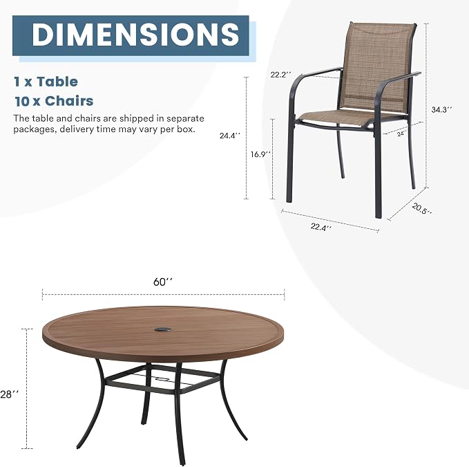 DIFY 11 Pieces Outdoor Patio Dining Set for 10, 60" Walnut Round Metal Dining Table and 10 Brown Stackable Sling Dining Chairs, Outdoor Table and Chairs for Lawn Garden Backyard Deck - Image 8