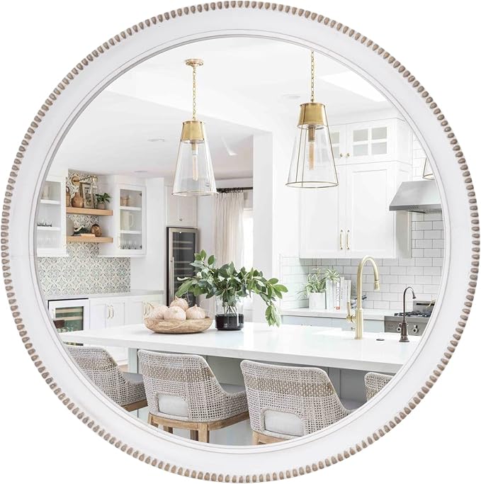 sawsile Round Wood Mirror,28 inch Circle Rustic Farmhouse White Wooden Frame Boho Beads Wall Mirror for Bathroom,Living Room,Bedroom or Entryway by sawsile