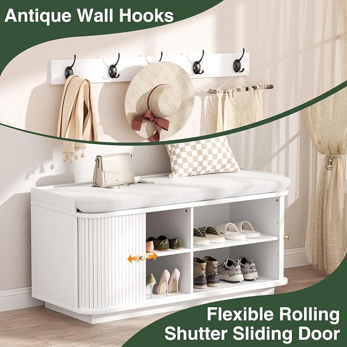 Hall Tree with Bench and Shoe Storage, Entryway Bench with Sliding Door Cabinet, Removable Padded, Metal Wall Hooks and Adjustable Storage Compartments, for Entry, Hallway, Living Room, White - Image 4