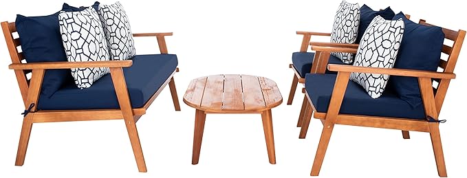 SAFAVIEH Outdoor Collection Deacon Natural Acacia Wood/Navy Cushion 4-Piece Conversation Patio Set with Accent Pillows