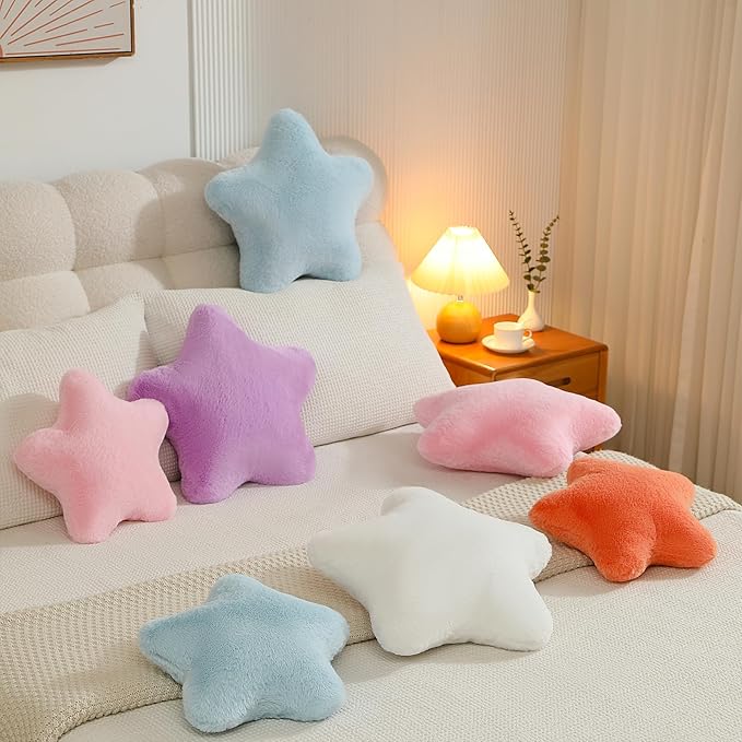 YRXRUS Star Pillows, Light Gray Star Shaped Pillow, Decorative Throw Pillow Gifts, Cute Plush Room Decor, Fluffy Faux Rabbit Fur 14"x14"Pillows for Living Bedroom