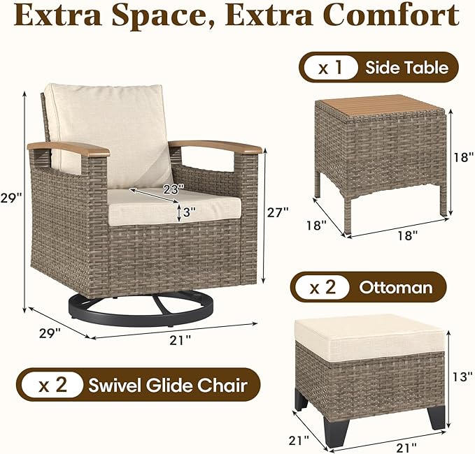 MELLCOM 5 Piece Outdoor Chairs Set- Patio Furniture Set withSide Table and 2 Ottoman, Swivel Glider Chair Set for Balcony, Porch
