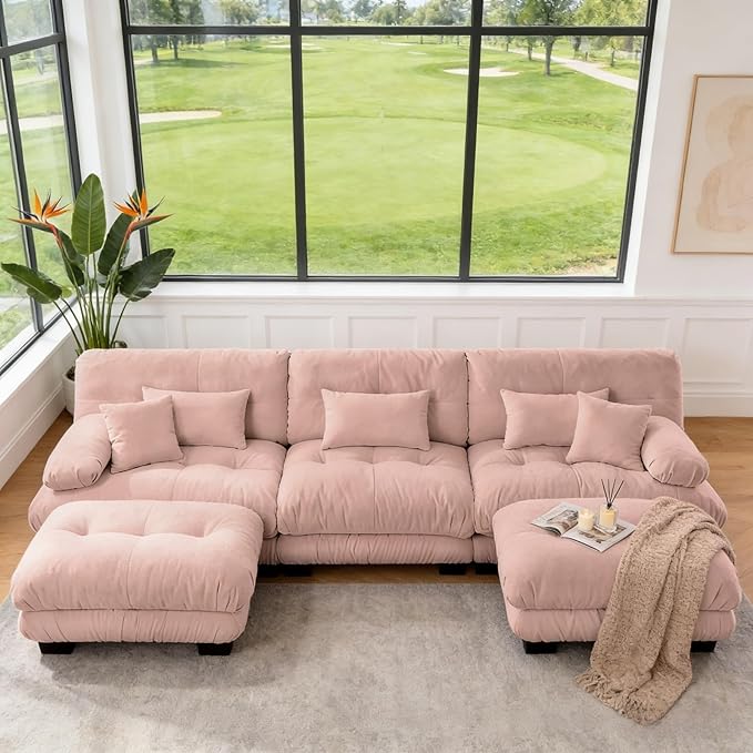 133.8" U-Shaped Cloud Couch, Oversized Modular Sectional Sofa, Deep Seat Cloud Boneless Couch, 3-Seat Modular Sectional Sofa with 2 Ottoman or Living Room,Bedroom and Apartment, Pink