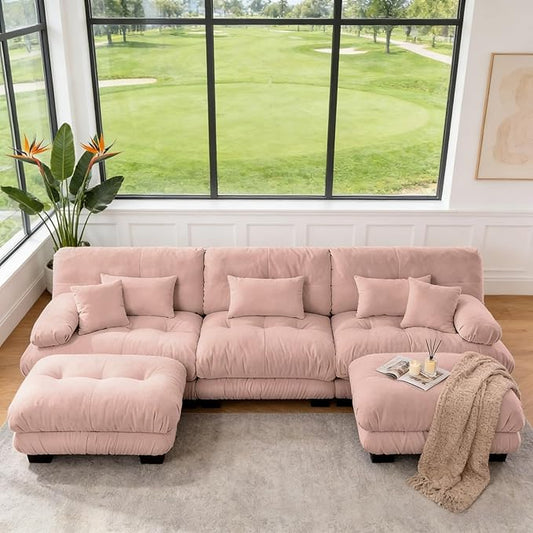133.8" U-Shaped Cloud Couch, Oversized Modular Sectional Sofa, Deep Seat Cloud Boneless Couch, 3-Seat Modular Sectional Sofa with 2 Ottoman or Living Room,Bedroom and Apartment, Pink