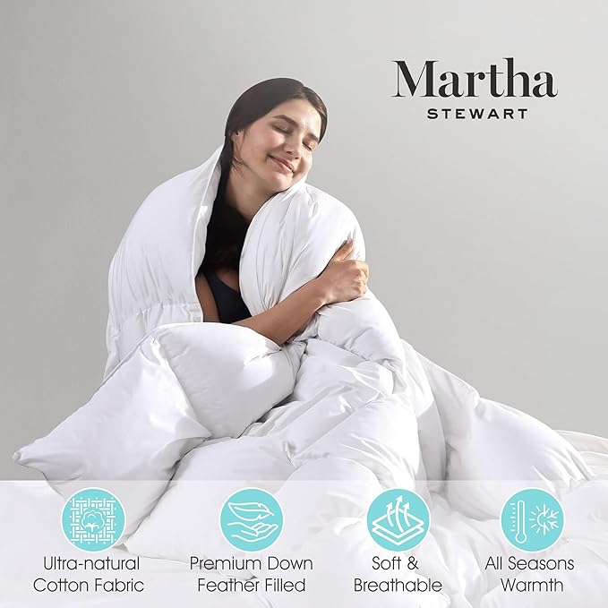 Martha Stewart White Down Feather Comforter Queen Size - 600 Fill Power 100% Cotton Down Duvet Insert, Made in USA, All Season Medium Warmth Comforter with Corner Loops - 90" x 90"