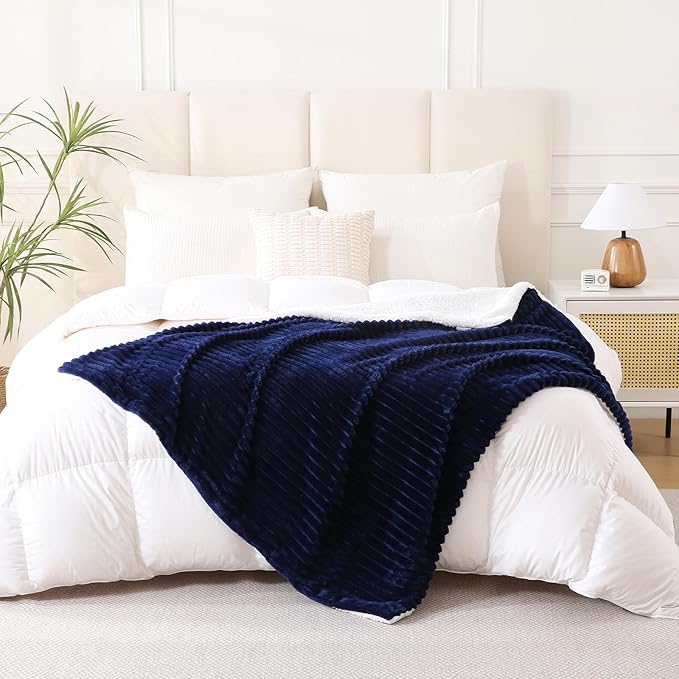 Navy Blue Sherpa Fleece Throw Blanket 60”×80” for Couch Sofa Bed,Double Side Soft Fuzzy Cozy Plush Thick Flannel Blanket with Striped Design,Gift for Adults,Woman,Girls