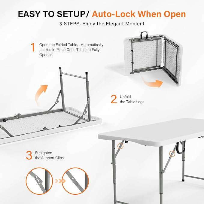 VINGLI 4 FT Plastic Folding Camping Table,3-Level Adjustable Height, Portable in/Outdoor Party Picnic Dining Desk, Garden Soccer Multipurpose Entertaining Activities，White - Image 5