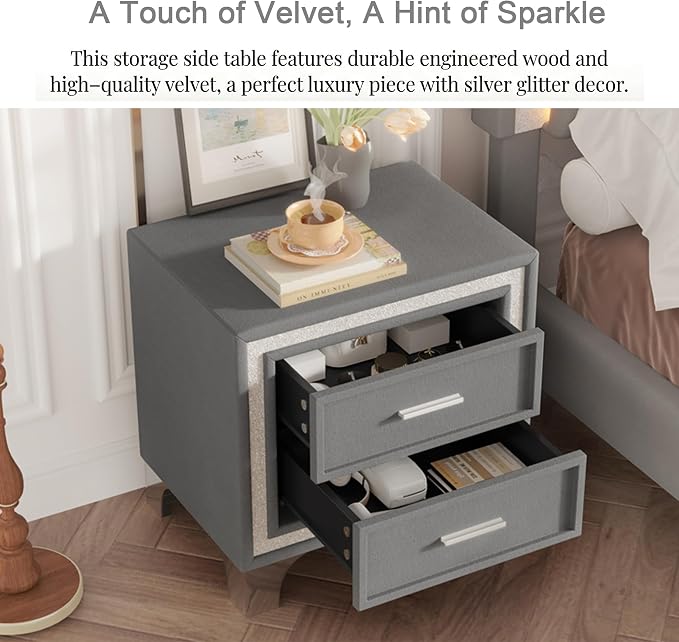 Bellemave 2-Drawer Nightstand with Silver Glitter Strip Decor and Metal Legs, Vintage Upholstered Nightstand, Velvet Bedside Table for Bedroom (Grey) - Image 3
