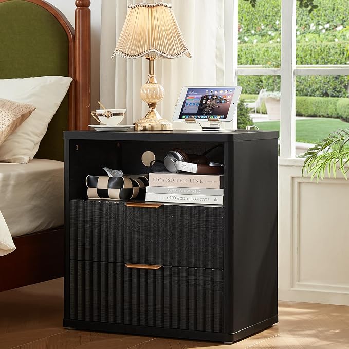LEYAOYAO Fluted Nightstand with Charging Station, 23" Wide 2 Drawers End Table,Black Night Stand with Open Storage Cabinet, Modern Bed Side Tables, Wood Dresser for Bedroom, Living Room, Closet - Image 5