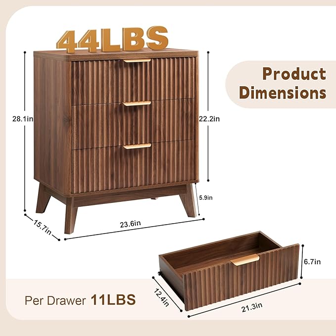 LYNCOHOME Fluted Nightstand with 3 Drawers, Modern Wood Chest of Bedside Table with Curved Profile, Fluted Dresser Organizer for Bedroom,Walnut - Image 2