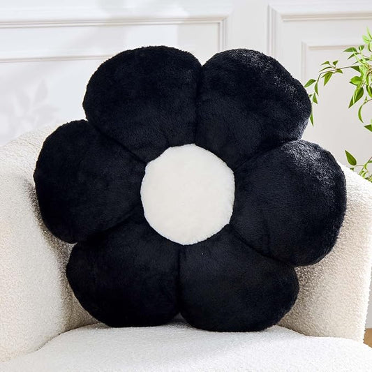 Kcvvcr Black Flower Pillow, Cute Decorative Flower Shaped Throw Pillow with Faux Rabbit Fur, 14.9" Soft Daisy Plush Floor Cushion Aesthetic Room Decor for Bed Sofa Couch