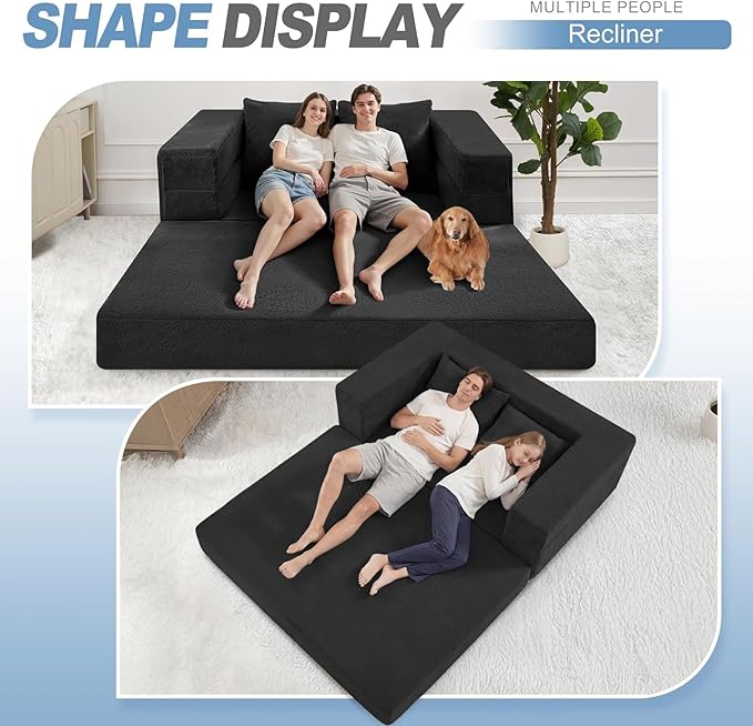 Futon Sofa Bed with Pillow, 3-in-1 Sleeper Sofa Bed with Removable Cover, Convertible Floor Sofa Bed, No Assembly Boneless Couch for Living Room, Bedroom