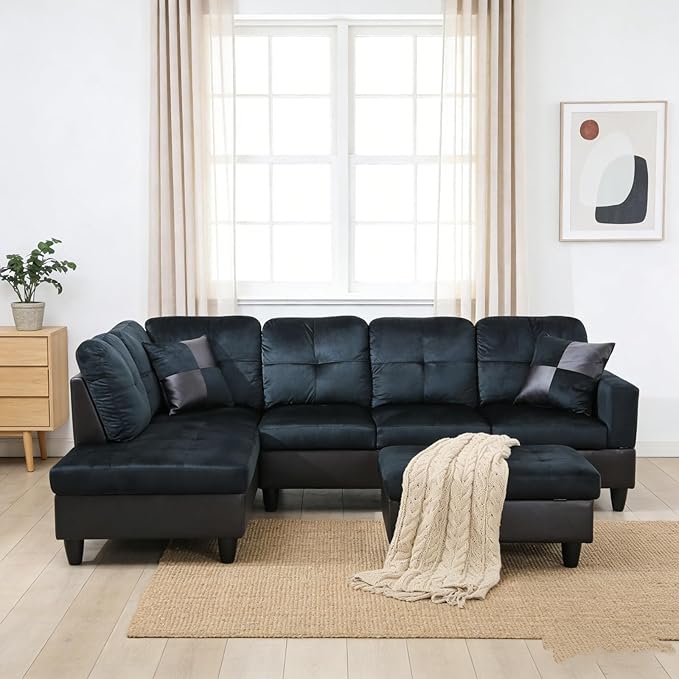 L-Shape Sofa with Storage Ottoman, Lint Sectional Couch with Left Chaise, Modern 3-Piece Sofa Set for Living Room, Upholstered Couch Set with Solid Wood Frame for Apartment, Dark Blue Brown