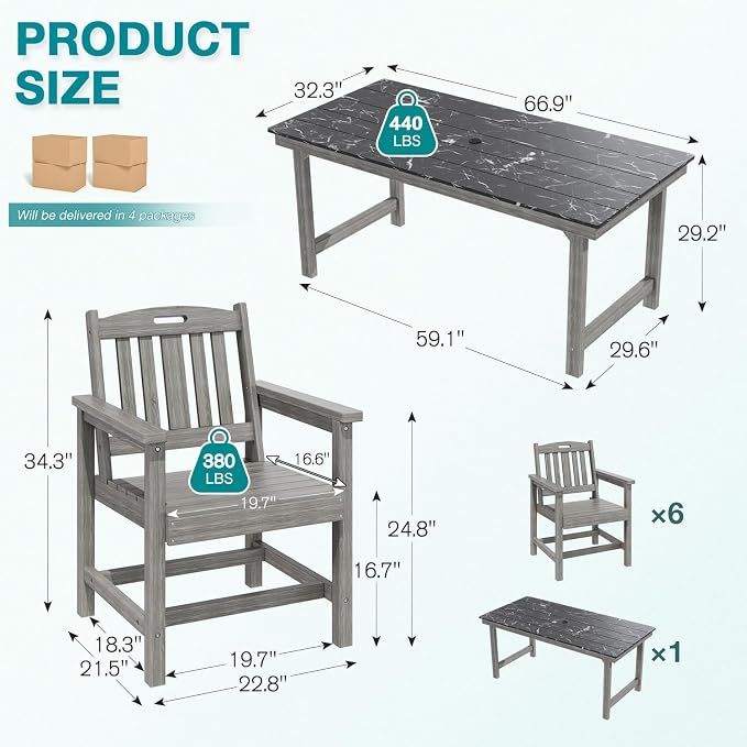 Mdeam 7-Piece HIPS Outdoor Dining Set, 66.9" Marble Texture Patio Table with Umbrella Hole, 440LBS Capacity, 6 Wider Chairs, Dining Table Set for 6, Outdoor Furniture with Galvanized Steel Frame, Grey - Image 2