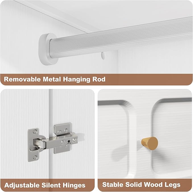 HLR 71" Mid-Century Modern Armoire Wardrobe Closet with Doors and Drawers,Wooden Armoire Storage Cabinet with Hanging Rod for Bedroom,Large Capacity Storage,White