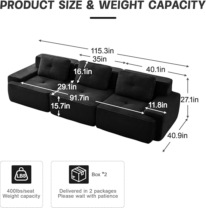 Casaphoria 115'' Black Corduroy Sofa, Boneless Sectional Couch with 3 Pillows for Modern Living Room, Deep Seat Sofa No Assembly Modular Cloud Couch
