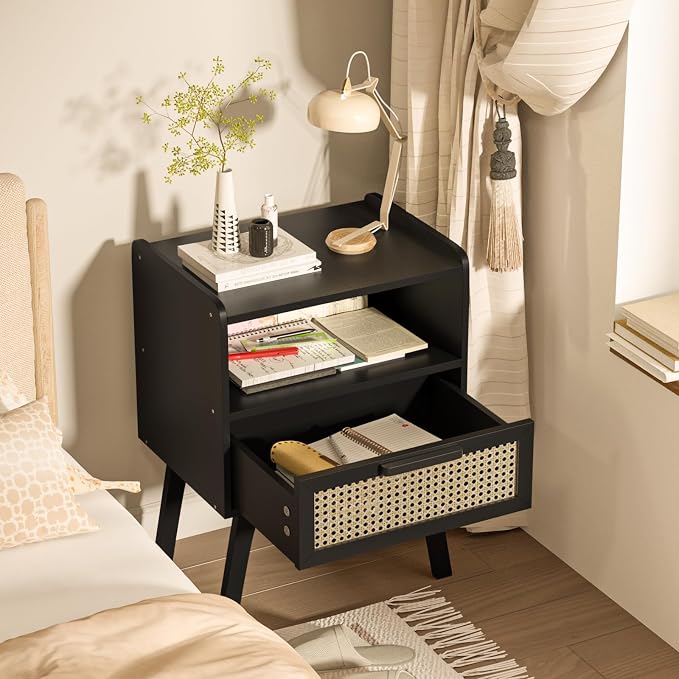 Lerliuo Rattan Nightstand, Bedside Table with Drawer Open Shelf, Cane Accent Side End Table with Solid Wood Legs, Black Mid Century Night Stand for Bedroom, Dorm and Small Spaces - Image 5