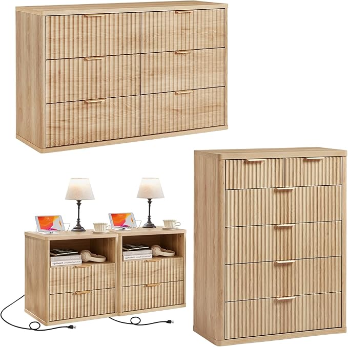 LEYAOYAO Fluted Dressers & Nightstand Set of 4, Wood 48" Wide Dresser & 42" Tall Chest of Drawers,Modern Bedroom Furniture Sets, Natural Wooden Nightstand Set of 2 with 2 Drawers & Charging Station