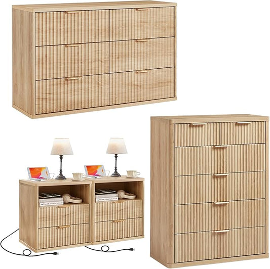 LEYAOYAO Fluted Dressers & Nightstand Set of 4, Wood 48" Wide Dresser & 42" Tall Chest of Drawers,Modern Bedroom Furniture Sets, Natural Wooden Nightstand Set of 2 with 2 Drawers & Charging Station