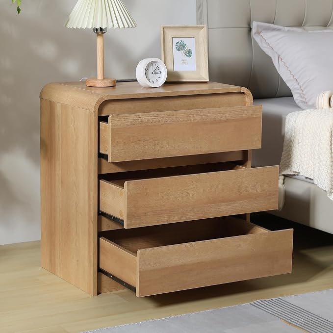 Modern Nightstands with Charging Station, Oak Night Stand with 3 Drawers, Wood End Table with Storage, 23.6'' Wide Bedside Cabinet for Bedroom - Image 7