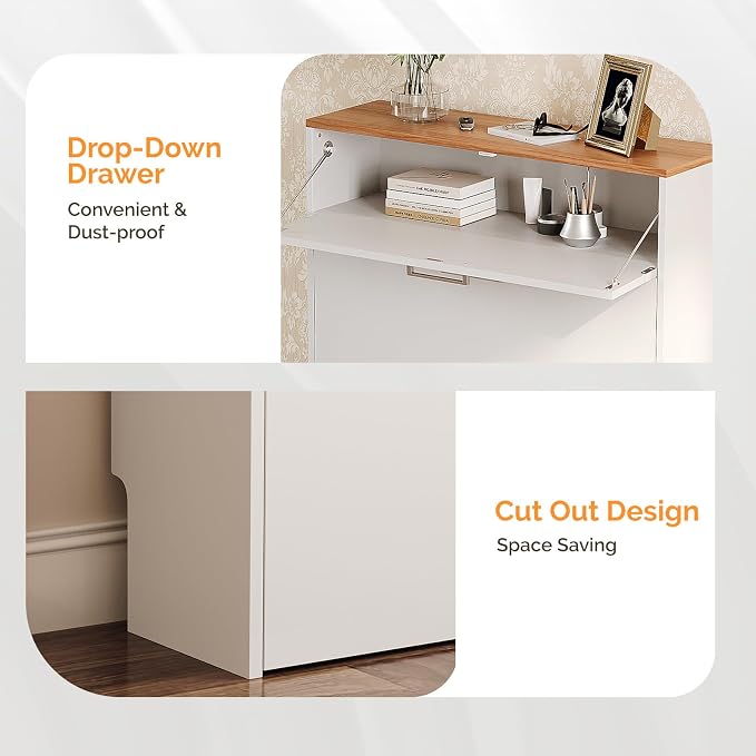 VINGLI Set of 2 Shoe Cabinet for Entryway, 2-Pack 31.5" W Extra Wide Slim Shoe Organizer with 2 Flip & 1 Drop-Down Drawers, Modern White Shoes Rack with Oak Top, Narrow Cabinet for Hallway - Image 6