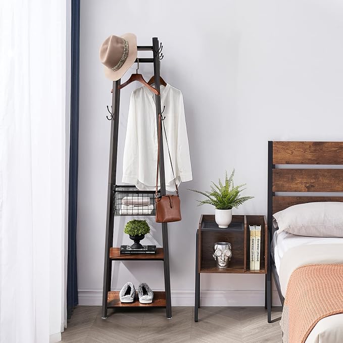 VECELO Coat Rack Freestanding, Entryway Hanger Stand, Umbrella Holder, Hall Tree With Hooks, Floor Standing Metal Tree Stand,Brown - Image 5