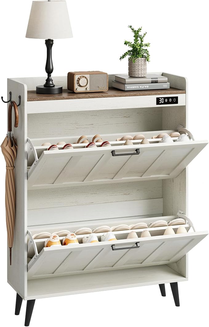 ChooChoo Shoe Storage Cabinet with 2 Flip Drawers, Deodorizing Shoe Organizer Storage for Entryway, Freestanding Hidden Slim Narrow Shoe Rack Cabinet, Antique White & Brown - Image 9