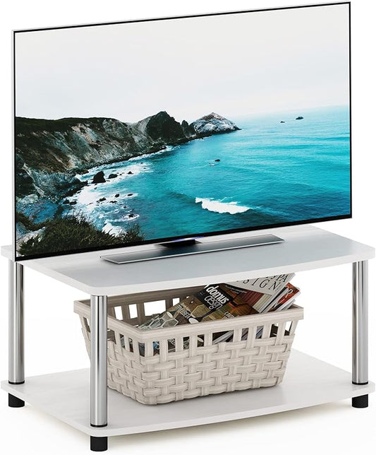 Furinno Turn-N-Tube No Tools 2-Tier Elevated TV Stand, Stainless Steel Tubes, White Oak/Chrome