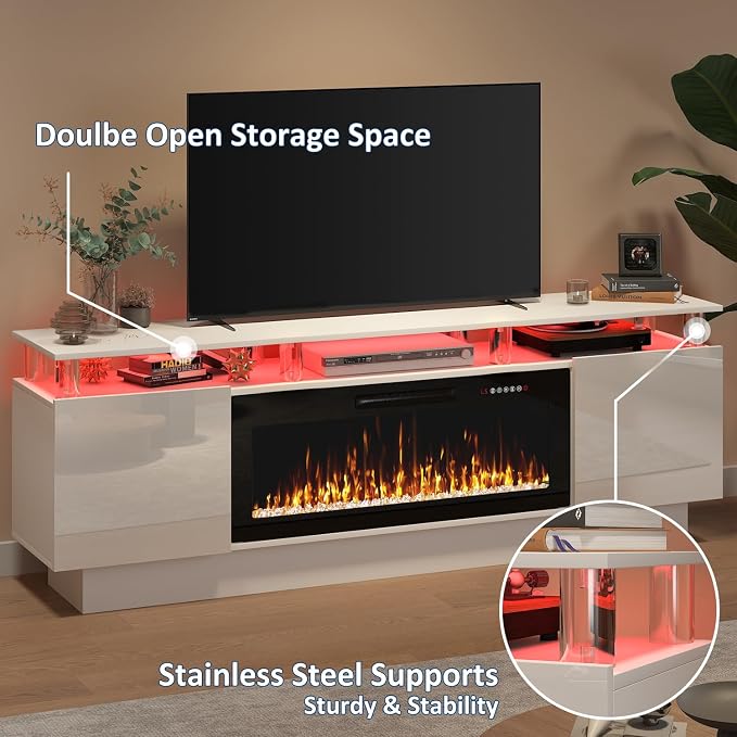 PUKAMI 70" Fireplace TV Stand with 36" Electric Fireplace, LED Light Entertainment Center with Storage, 2 Tier Modern Wood Media TV Console with Highlight Cabinet for Living Room, White - Image 3