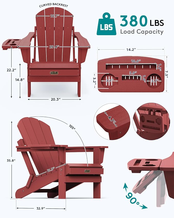 SERWALL Folding Adirondack Chair, Outdoor Adirondack Chairs with 4 in 1 Cup Holder, Wood Texture, Weather Resistant Plastic Patio Fire Pit Chairs for Garden, Backyard, Deck, Lawn - Green - Image 2