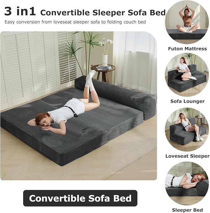 6-inch Folding Mattress Convertible Sofa Bed, Floor Bed & Sleeping Couch with Removable Corduroy Cover & Carry Handles, High-Density Foam (Grey, Queen)
