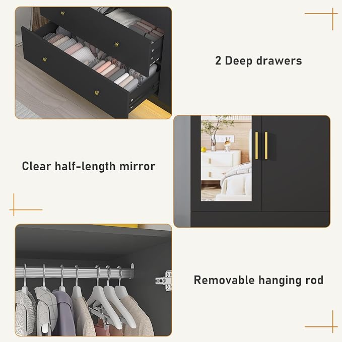 chartustriable 3 Doors Armoire Wardrobe Closet with Mirror, LED Armoire with Doors and Drawers, Wooden Wardrobe Storage Cabinet with Hanging Rod, Adjustable Shelves, Black