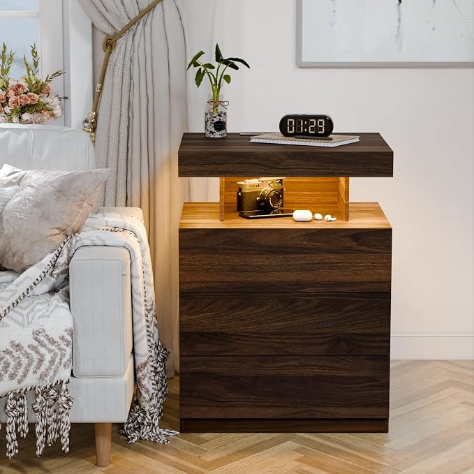 HOMMPA Nightstand with Charging Station and LED Light, Smart Nightstand with USB Port & Wireless Charging, Modern Night Stand with 3 Drawer, Rustic Beside Table for Bedroom, Walnut - Image 8