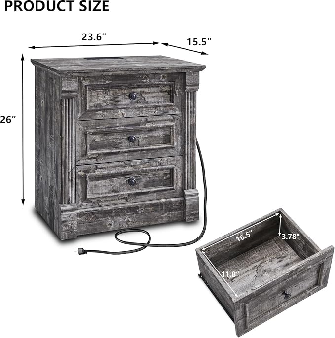 Aitjunz 26" Tall Farmhouse Nightstand, 3 Drawers End Table w/Charging Station, 23.6" Wide Large Side Table w/Roman Column, Wood Rustic Sofa Table for Bedroom, Light Gray - Image 2