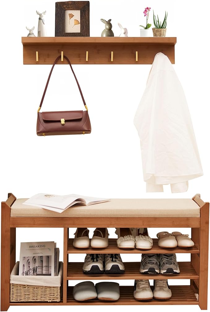 PETKABOO Hall Tree with Bench and Shoe Storage, Coat Rack Shoe Bench Set with Seat Cushion and 6 Hooks for Entryway, Hallway, Living Room and Bedroom by PETKABOO