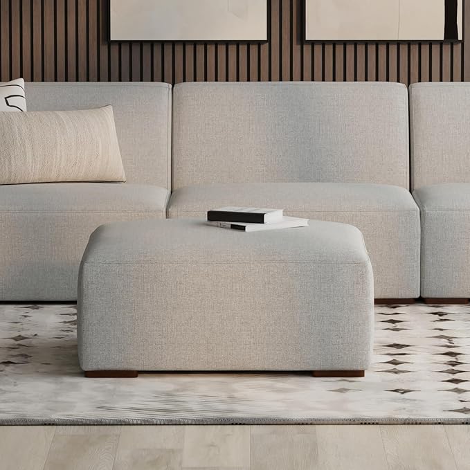 SIMPLIHOME Rex Ottoman - 34 inch Wide Upholstered Performance Fabric Square Ottoman in Pale Grey, Modern Bench for Living Room or Bedroom with High-Density Cushion, Assembled