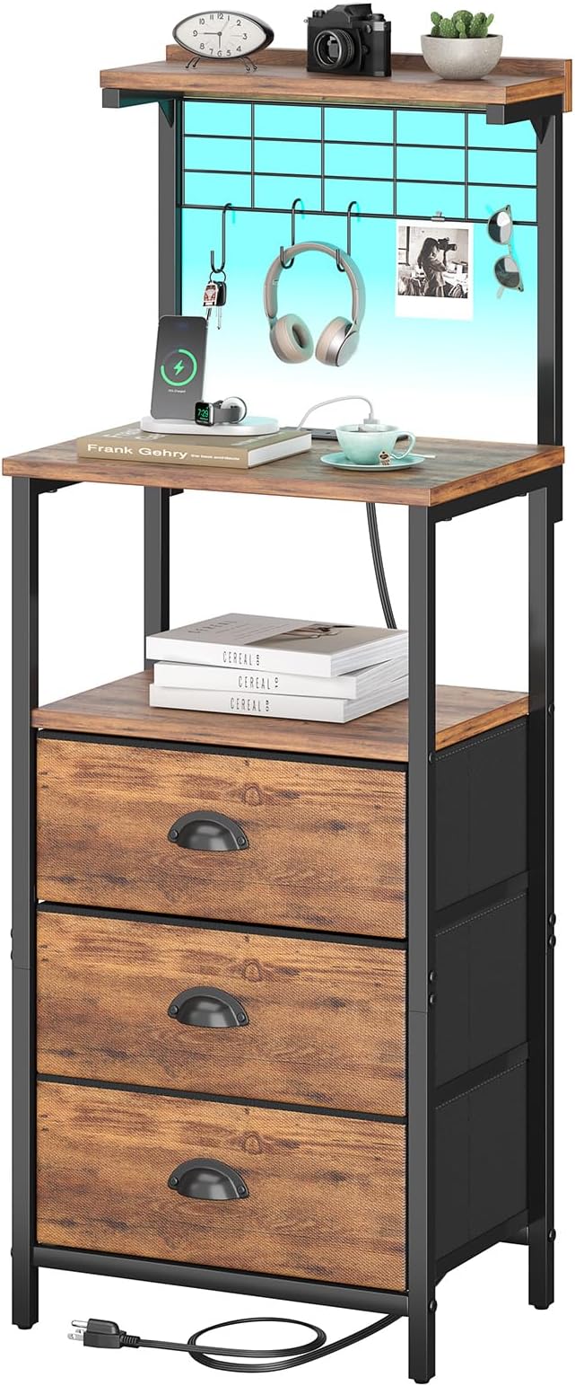 sthmec Tall Nightstands with Charging Station, LED Night Stand Bedsides with 3 Fabric Drawers,Hooks,USB Port and Open Storage Shelves,Tall End Table Bedside Tables for Bedroom,Office, Rustic Brown by Unknown