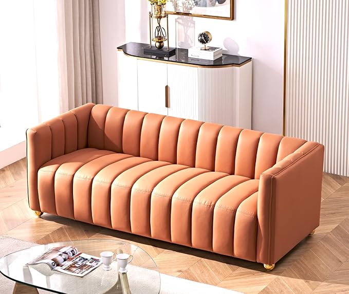 Direct Glam Fabric Upholstered Solid Wood Frame 82.7" Art Deco Sofa for Living Room, Office, Sophisticated 3 Seater Couch, Orange