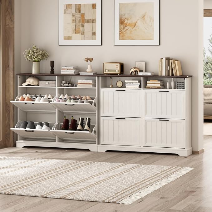 Shoe Storage Cabinet with 4 Flip Drawers, Farmhouse Modern Hidden Shoes Rack Cabinet with Adjustable Shelves & Open Storage, Narrow Slim Shoe Organizer for Front Door Entrance, Entryway, Antique White - Image 6