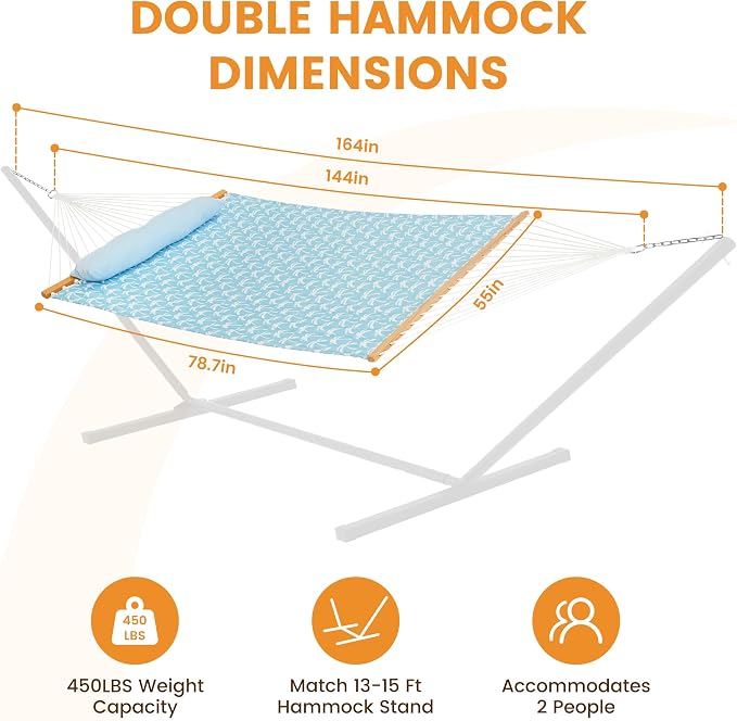 Lazy Daze Hammocks 12FT Quilted Fabric Hammock with Soft Pillow, Double 2 Person Tree Hammock with Spreader Bar for Outside Patio Poolside Backyard Beach, 450 lbs Capacity, Coastal Floral - Image 2