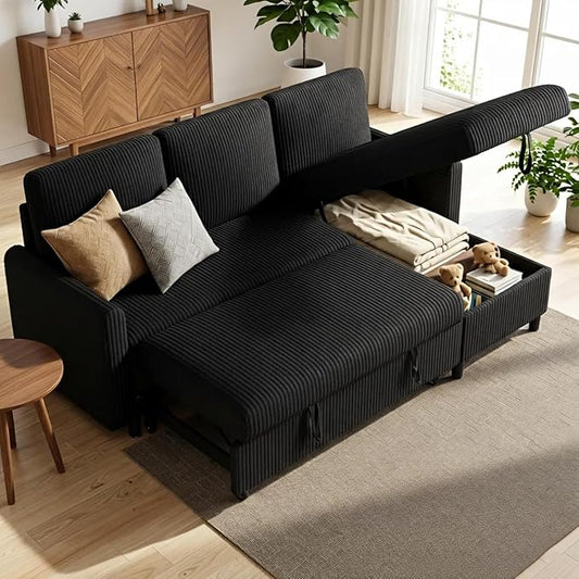 Shintenchi Futon Sofa Bed Convertible Couches L Shaped, 4‑in‑1 Sectional Sleeper Sofa Pull Out Couches for Living Room, Multifunctional Couch with Storage Chaise Corduroy Fabric, Black