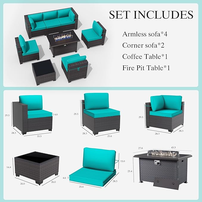 Gotland 8 Pieces Patio Furniture Set with Fire Pit Table, All Weather Rattan Outdoor Furniture with 29.5'' High Backrest 4’’ Thick Cushions Coffee Table, Outdoor Sectional for Porch, Deck, Blue